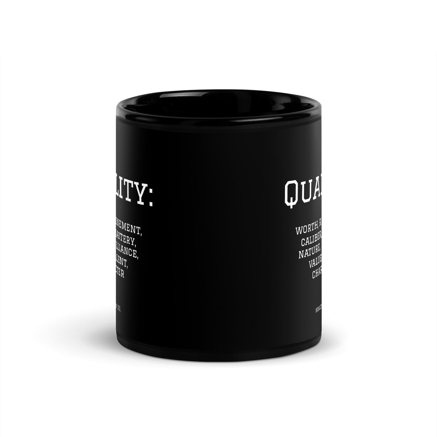 Healthy Words® "quality" Black Glossy Mug